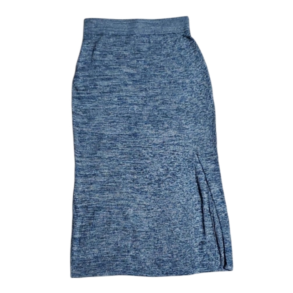 ​NWT H&M Blue Heathered Ribbed Knit Midi Skirt w/ Side Slit Casual Minimalist